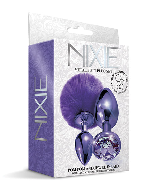 Nixie Metal Butt Plug Set – Purple Pom Pom & Jewel Inlaid