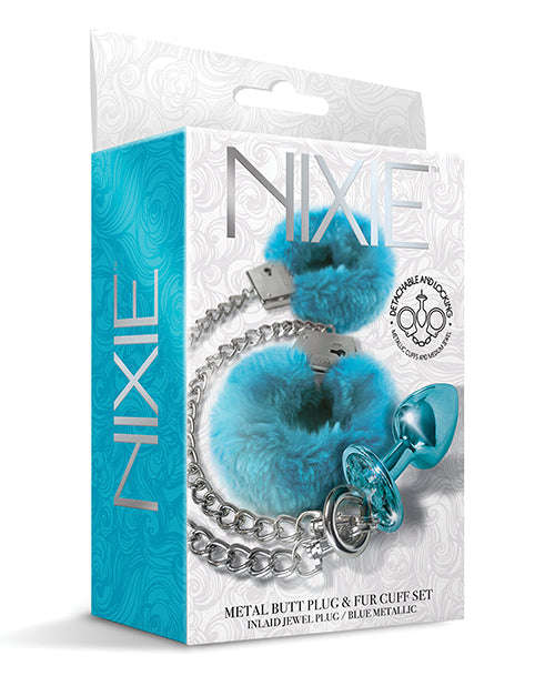 Nixie Metal Butt Plug & Fur Cuffs Set – Blue Metallic