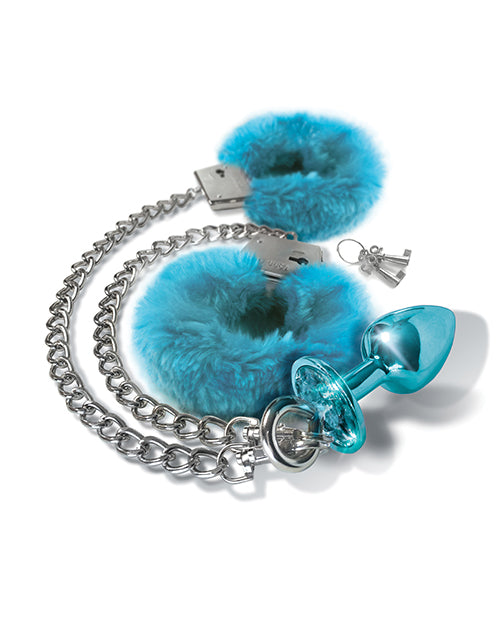 Nixie Metal Butt Plug & Fur Cuffs Set – Blue Metallic