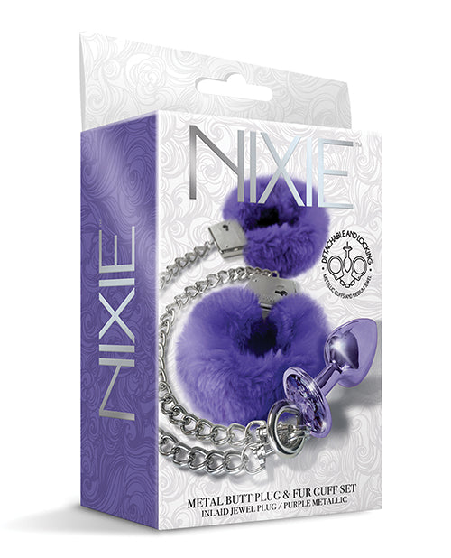 Nixie Metal Butt Plug & Fur Cuffs Set – Purple Metallic