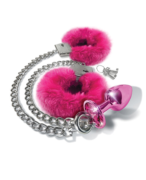 Nixie Metal Butt Plug & Fur Cuffs Set – Pink Metallic