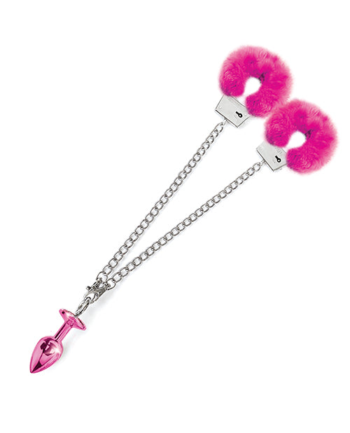Nixie Metal Butt Plug & Fur Cuffs Set – Pink Metallic