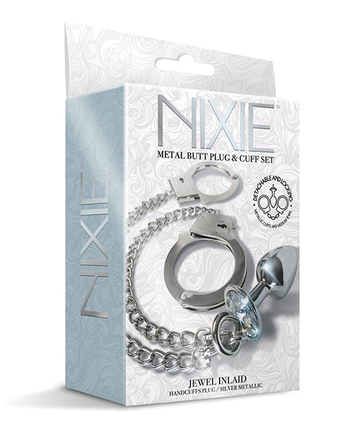 Nixie Metal Butt Plug & Fur Cuffs Set – Silver Metallic