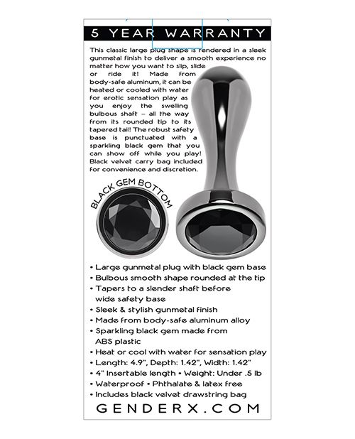 Gender X Black Pearl Metal Plug – Large Gunmetal Aluminum Anal Plug with Black Gem Base