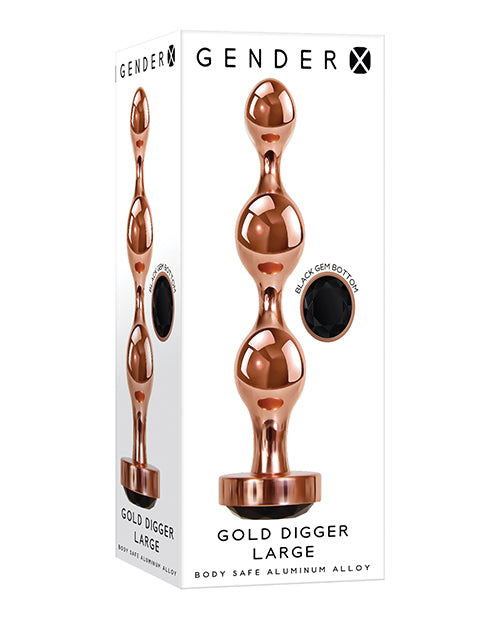 Gender X Gold Digger Large Butt Plug – Rose Gold Beaded Metal Anal Plug with Black Gem Base