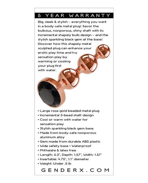 Gender X Gold Digger Large Butt Plug – Rose Gold Beaded Metal Anal Plug with Black Gem Base